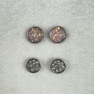 Set of 2 Silver Tone Stud Earrings - Pink Reflective and Clear‎ Stones